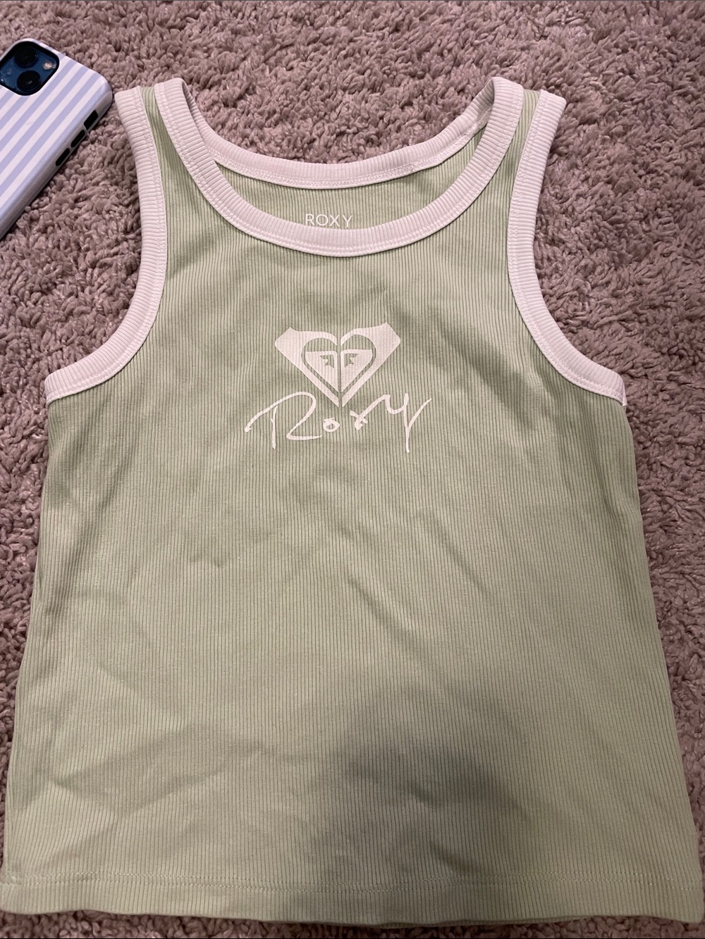 Roxy Girls Light Green Ribbed Tank with White Trim